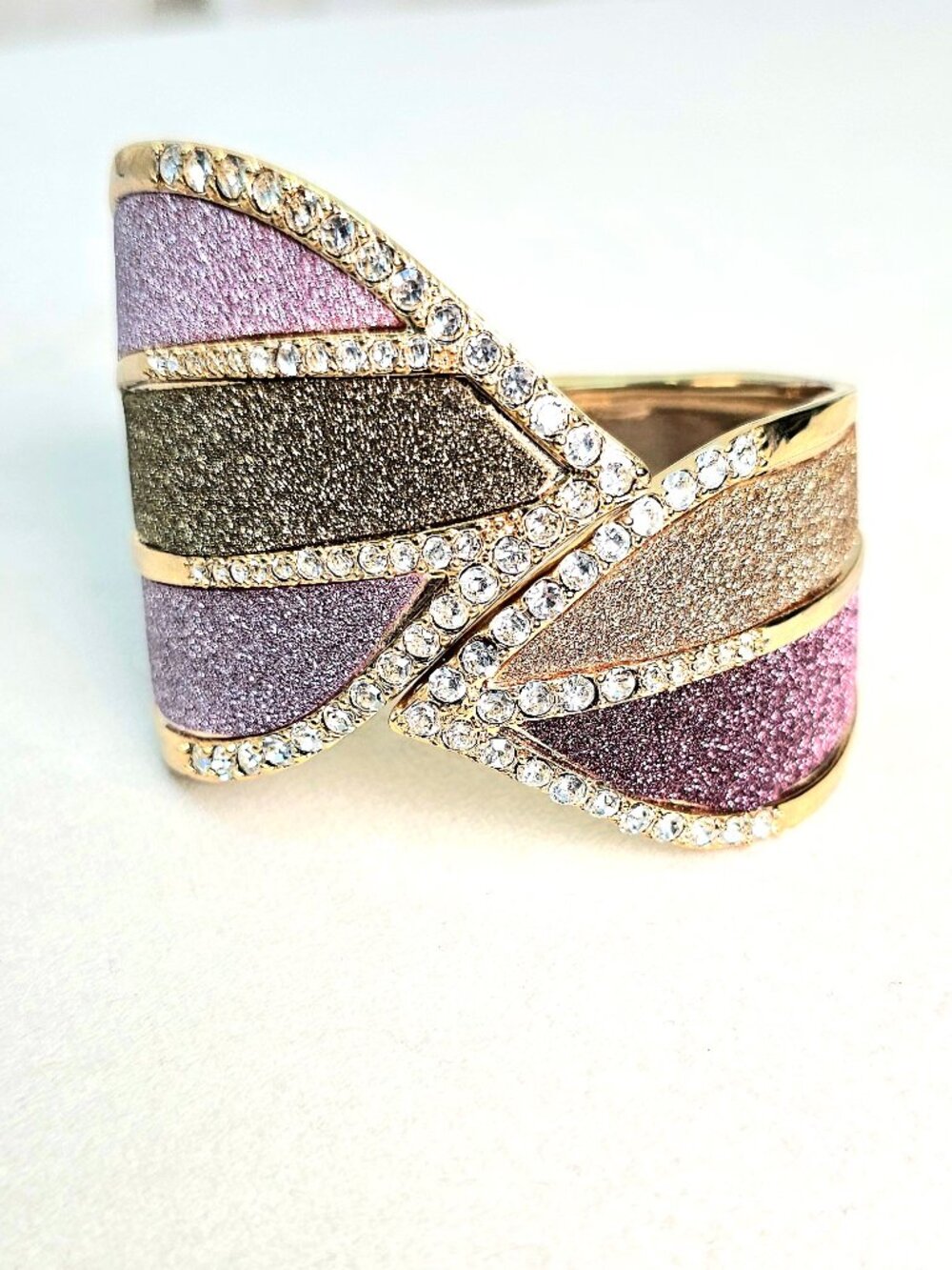 ABS by Allen Schwartz Wide Cuff Bracelet Gold Tone Crystal Pave Glitter Enamel